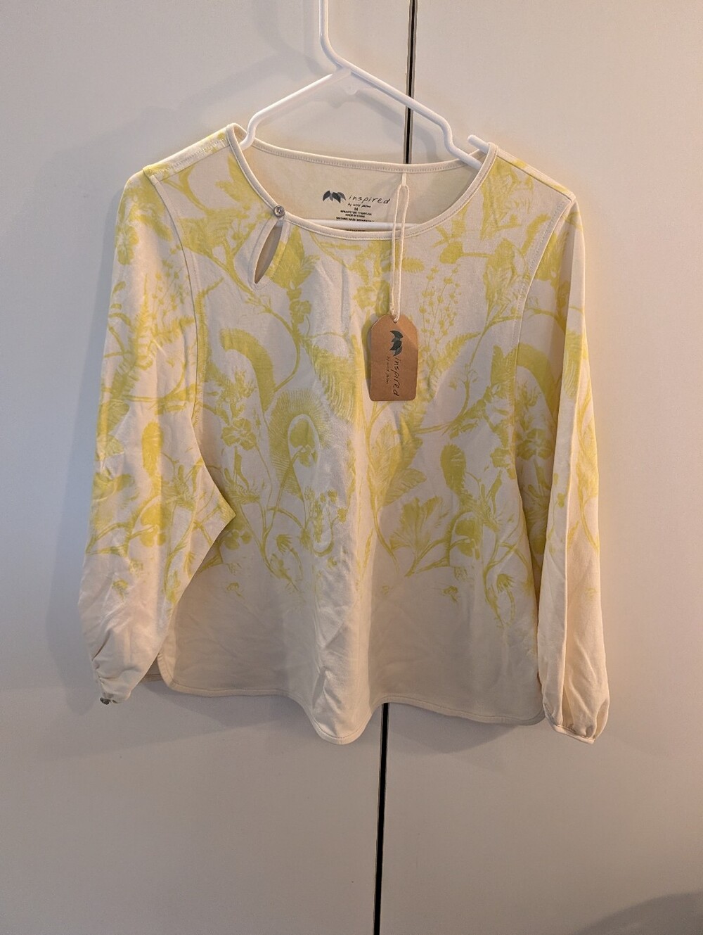 Inspired By Wild Palms M Cream Long-Sleeve Crewneck Top with Yellow Floral Print